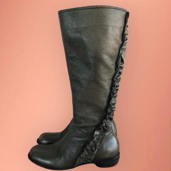 Anthropologie Miss Albright Women’s Pebbled Primped Leather Ruffle Tall Boots - Picture 2 of 13